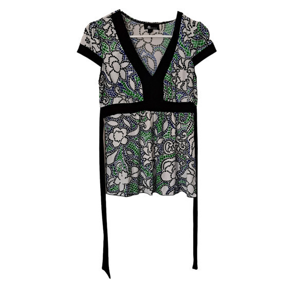 AB Studio Women's Deep V neck Short Sleeve Blouse‎ Multicolor Floral Size Small - Picture 1 of 6